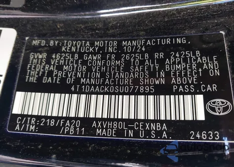2025 Toyota Camry Le from USA, damaged, VIN 4T1DAACK0SU077895